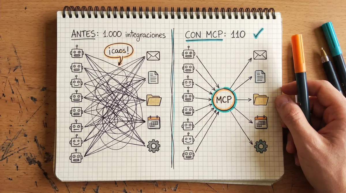 Boceto a mano: antes, 1.000 integraciones enredadas entre asistentes y herramientas; con MCP, 110 conectores ordenados a través de un único punto