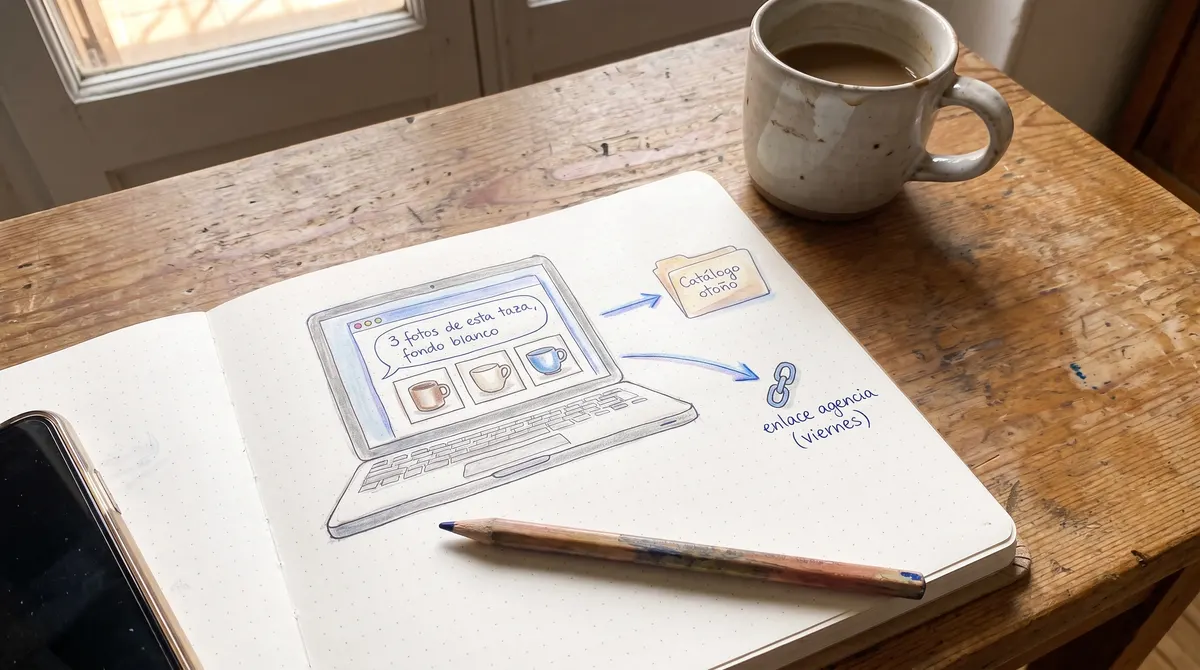Boceto a mano: un portátil con el chat pidiendo "3 fotos de esta taza, fondo blanco", y flechas hacia la carpeta "Catálogo otoño" y el enlace para la agencia